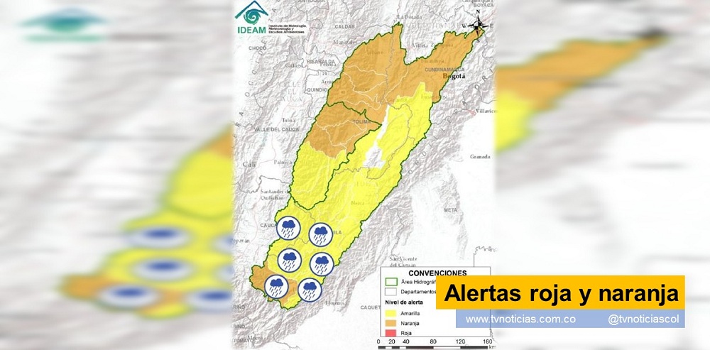 Instituto Nacional de Hidrología y Meteorología Una alerta roja para 4 municipios del Huila lanzó la Oficina para la Gestión del Riego de Desastres del Departamento, al mediar la primera semana de marzo, como consecuencia de la ola invernal. La determinación surgió luego de conocer informes del Instituto Nacional de Hidrología y Meteorología, donde advierte aumento de la densidad pluviométrica en la zona andina colombiana Alertas roja y naranja - www.tvnoticias.com.co IDEAM
