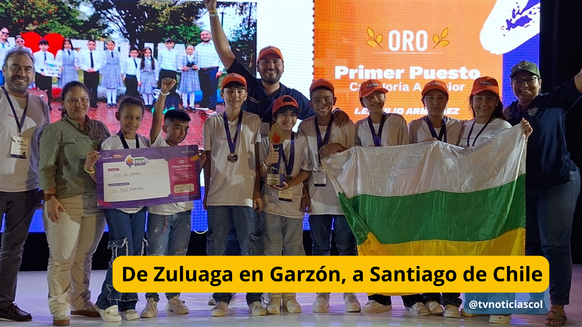 Los creadores del proyecto "Ecos del Páramo", de la institución educativa Tulio Arbeláez, de Zuluaga, zona rural de Garzón, Huila, ganaron la medalla de oro en el concurso Steam + Colombia 2025, categoría Junior, realizdo en Cartagena. De Zuluaga en Garzón, a Santiago de Chile - TVNOTICIAS