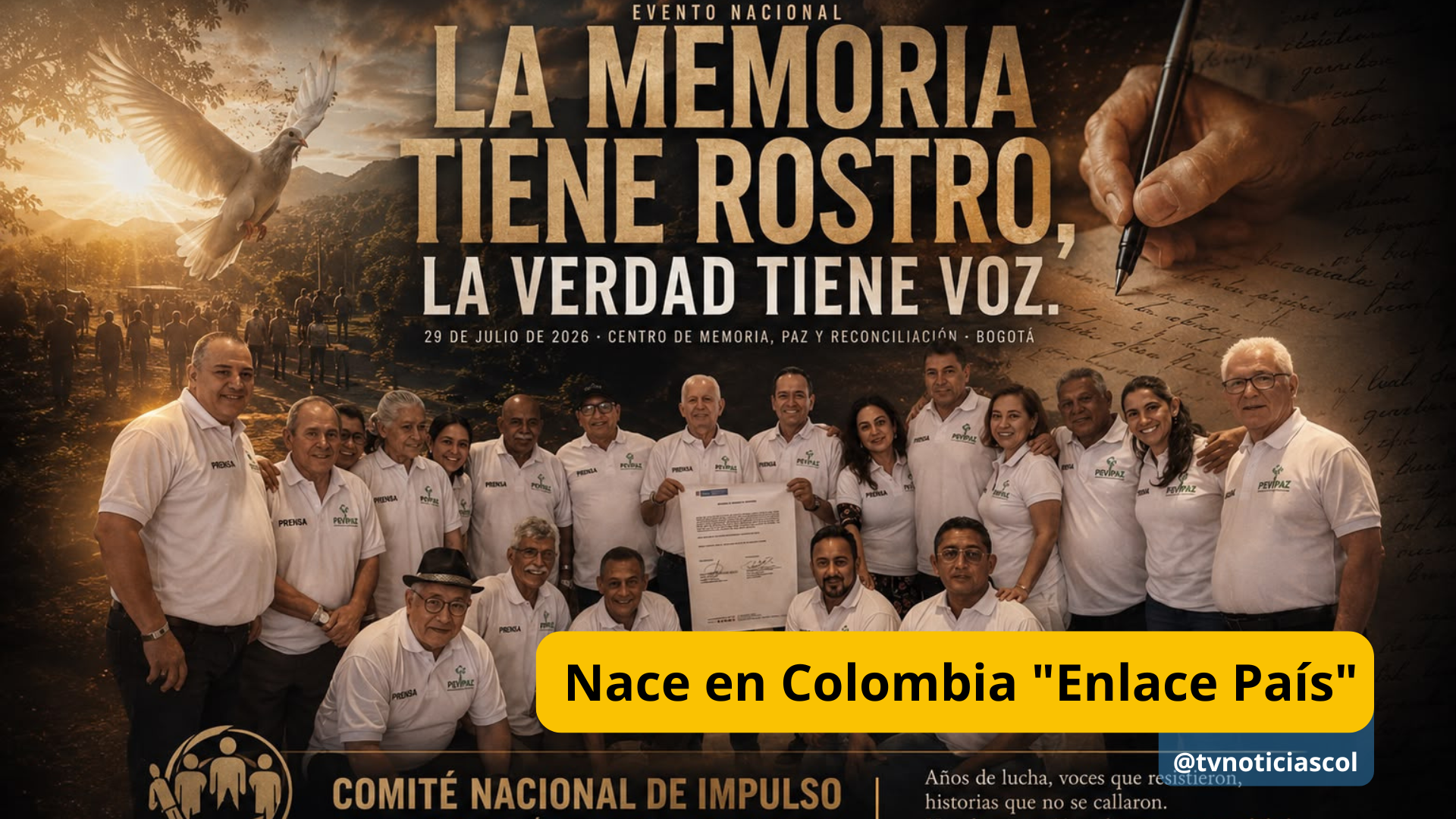 Un sistema, para informar a país y al mundo, desde las distintas regiones colombianas, nace el miércoles, 29 de julio de 2026, en acto en el Centro de la Memoria Historia, La Paz y la Reconciliación Nacional, de Bogotá Nace en Colombia Enlace País - TVNOTICIASCOL También será el lanzamiento del libro "Voces silenciadas", que recoge testimonios de Periodistas Colombianos y sus familias, afectados por la tenebrosa y sordida persecución y victimización perpetradas entre 1980 y 2015.