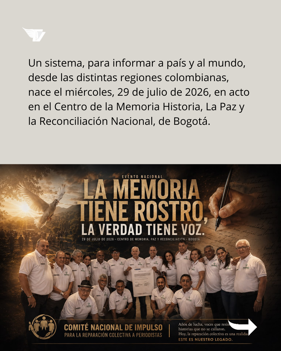 Un sistema, para informar a país y al mundo, desde las distintas regiones colombianas, nace el miércoles, 29 de julio de 2026, en acto en el Centro de la Memoria Historia, La Paz y la Reconciliación Nacional, de Bogotá Nace en Colombia Enlace País - TVNOTICIASCOL También será el lanzamiento del libro "Voces silenciadas", que recoge testimonios de Periodistas Colombianos y sus familias, afectados por la tenebrosa y sordida persecución y victimización perpetradas entre 1980 y 2015.