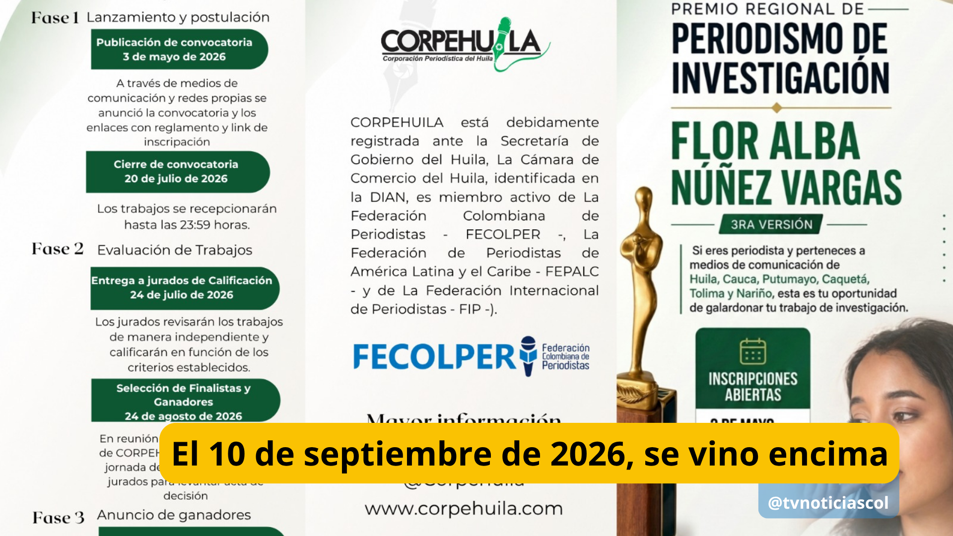 Es acto, planeado por La Corporación Periodística del Huila, concentra la atención, tanto del gremio informativo regional, como de autoridades civiles, organizaciones gremiales, entidades culturales del Huila y de la sociedad civil en general, por el significado y el alcance que tiene hoy, en la crisis por la que atraviesa El Periodismo nacional, derivada de la pérdida de La Credibilidad, como su razón de ser El 10 de septiembre de 2026, se vino encima @tvnoticiascol @enlacepaishuila