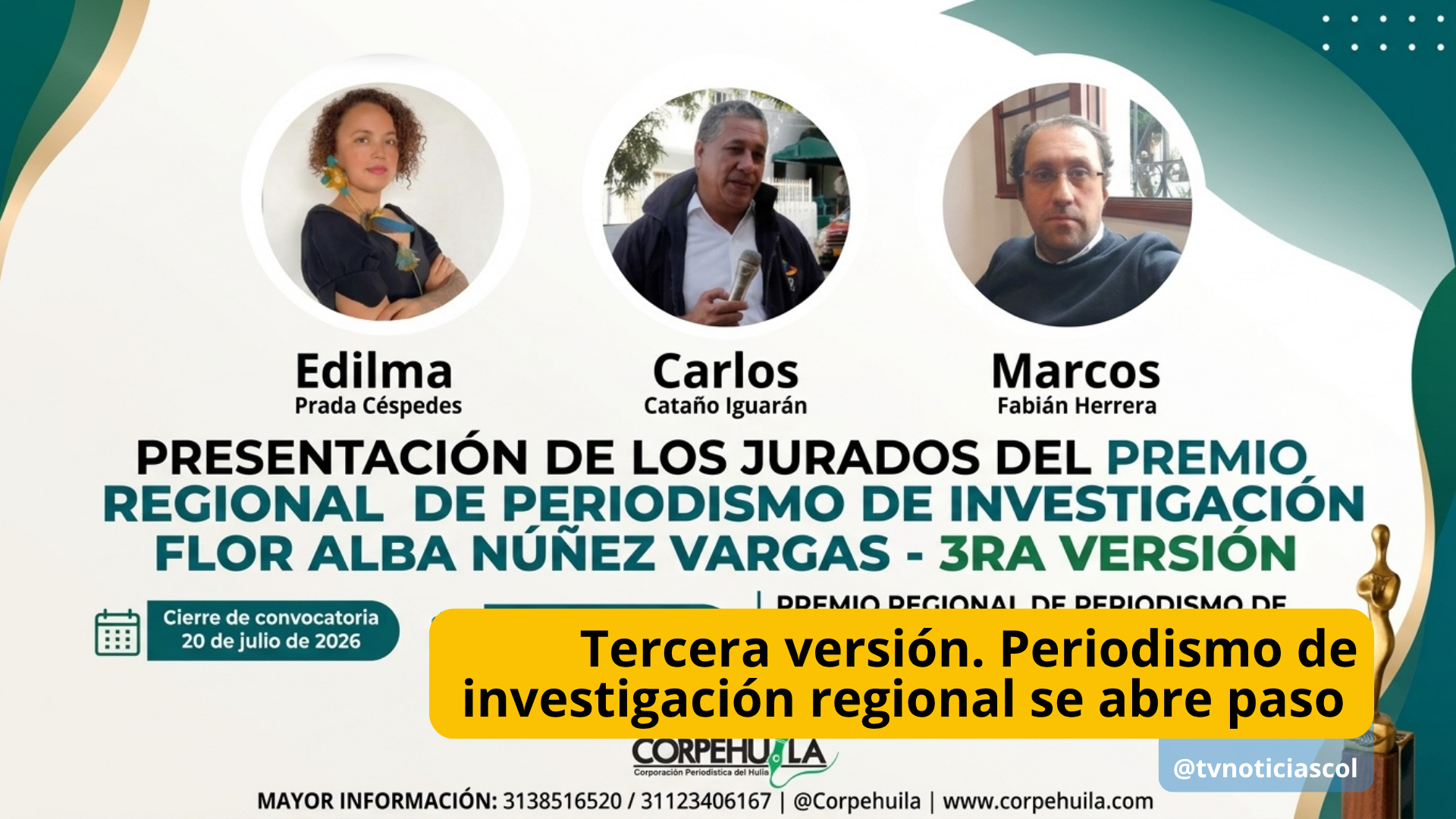 Dos departamentos, cinco categorías y 13 trabajos hacen parte de la tercera versión del Premio Regional de Periodismo de Investigación Flor Alba Núñez Vargas. Tercera versión. Periodismo de investigación regional se abre paso @tvnoticiascol @enlacepaishuila
